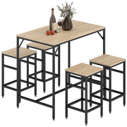 5 Pieces Industrial Rectangular Bar Table Set, Dining Table Set Breakfast Table with 4 Stools for Dining Room, Kitchen, Dinette, Oak
