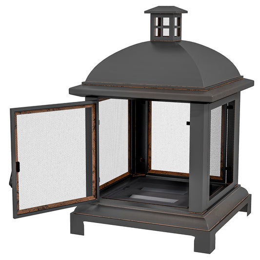 Wood-Burning Fire Pit, Chimney Style Firepit with Poker, 26" x 26", Black