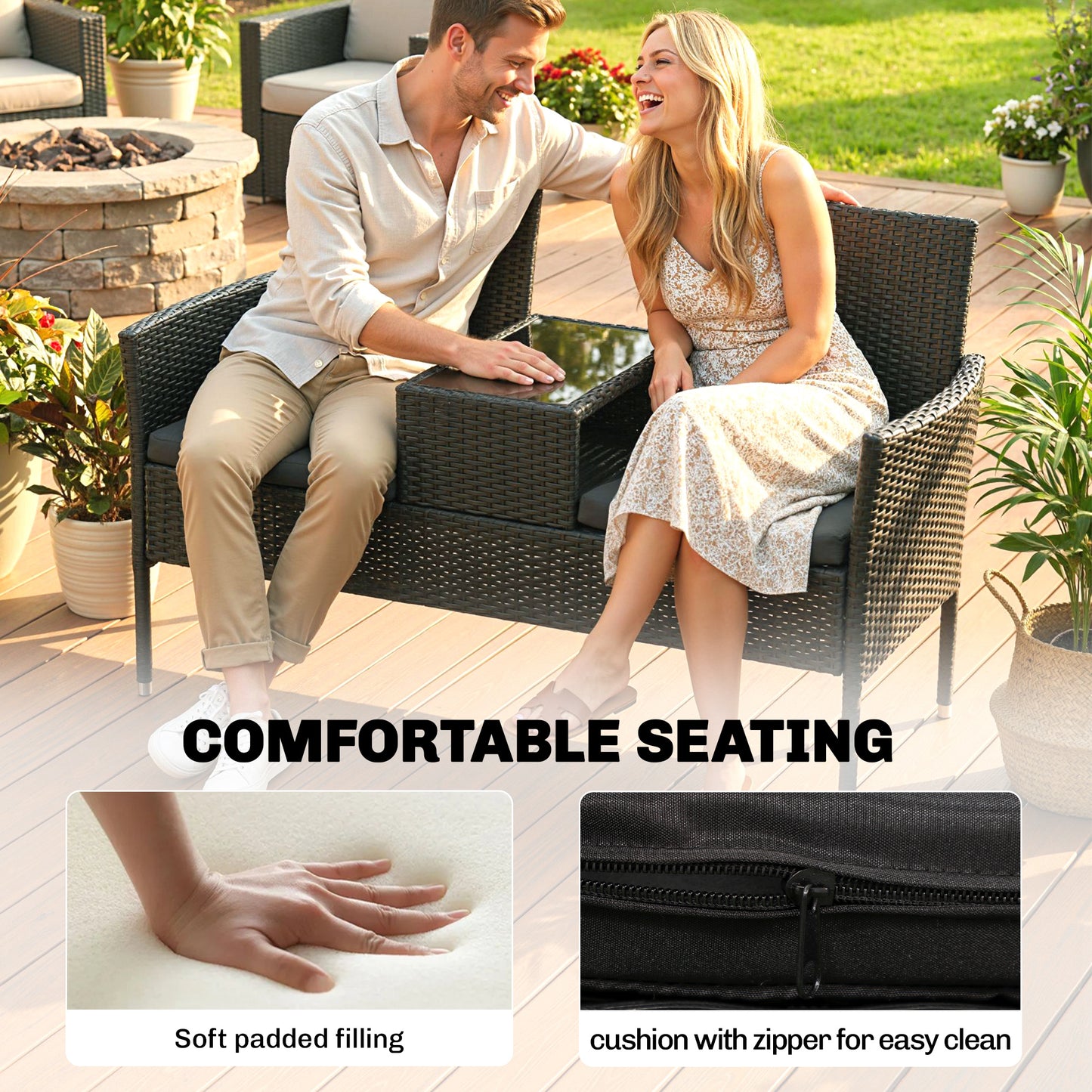 Patio Furniture w/ Mid-Table PE Rattan Loveseat w/ Cushion, Black