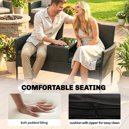 Patio Furniture w/ Mid-Table PE Rattan Loveseat w/ Cushion, Black