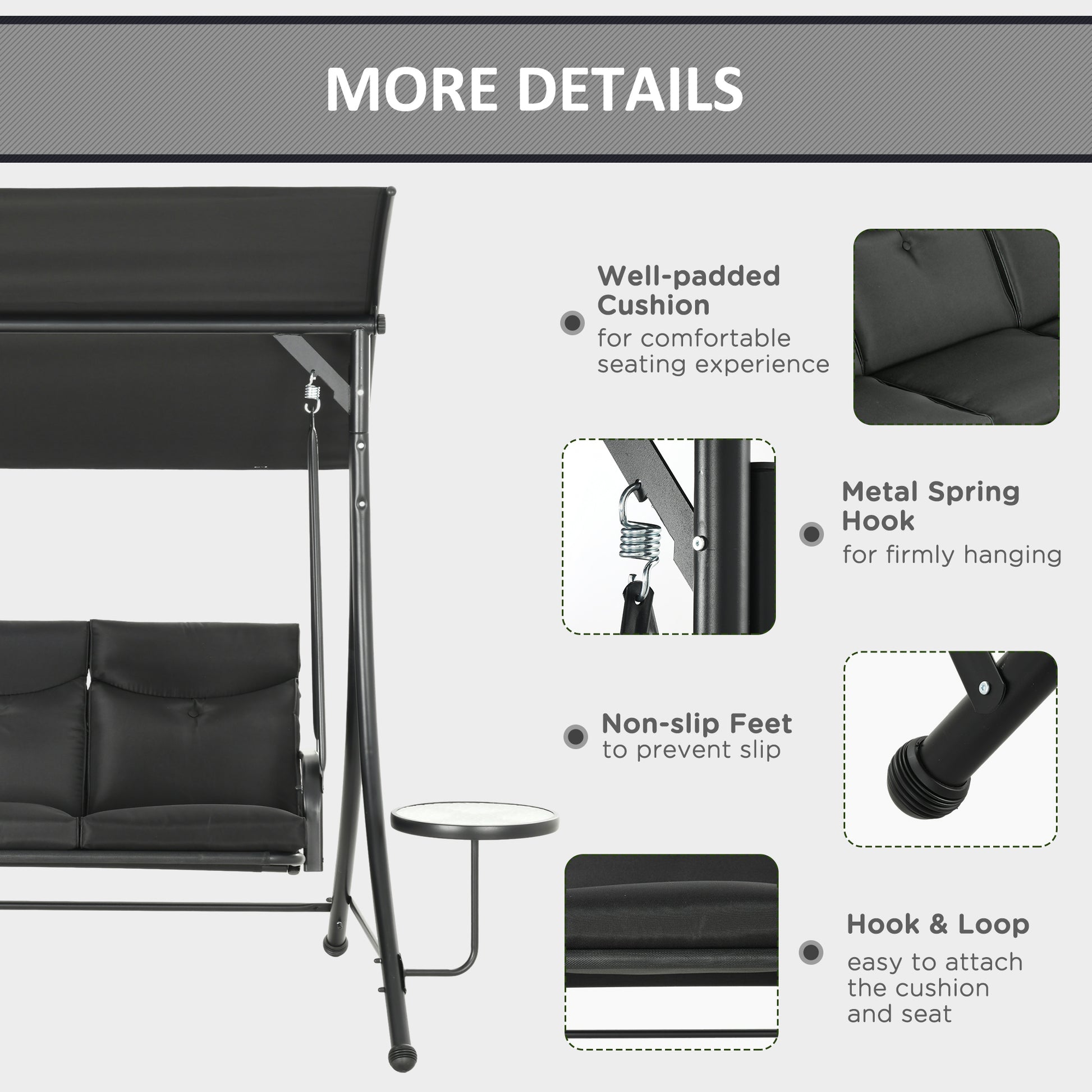 3 Seat Outdoor Swing Chair Steel Swing Bench Porch Swing With Adjustable Canopy & Coffee Tables & Cushion for Patio Garden, Black