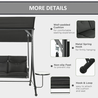 3 Seat Outdoor Swing Chair Steel Swing Bench Porch Swing With Adjustable Canopy & Coffee Tables & Cushion for Patio Garden, Black