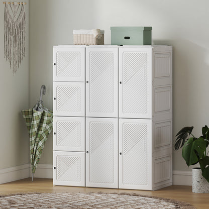 Portable Wardrobe, Foldable Plastic with 8 Compartments, 2 Hanging Rods and Magnetic Doors, White