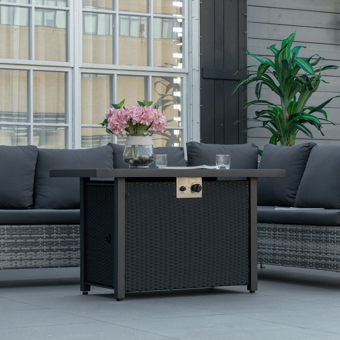 Propane Fire Pit Table 43in Outdoor Fire Table, 50,000 BTU Pulse-Ignition Wicker Firepit Furniture with Glass Wind Guard, Blue Glass Rock, CSA Certification, Black