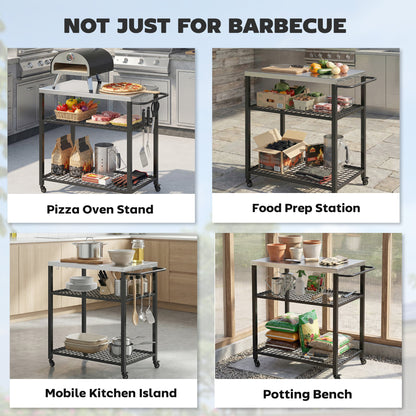 Outdoor Grill Cart with Stainless Steel Top, Two-Shelf Pizza Oven Stand, Food Prep Table on Wheels, Black