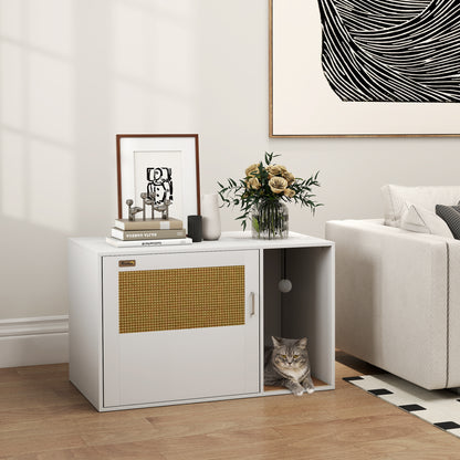 Cat Litter Box Enclosure, Cat Washroom End Side Table with Rattan Door, Scratching Pad, Non-slip Foot Pads, White