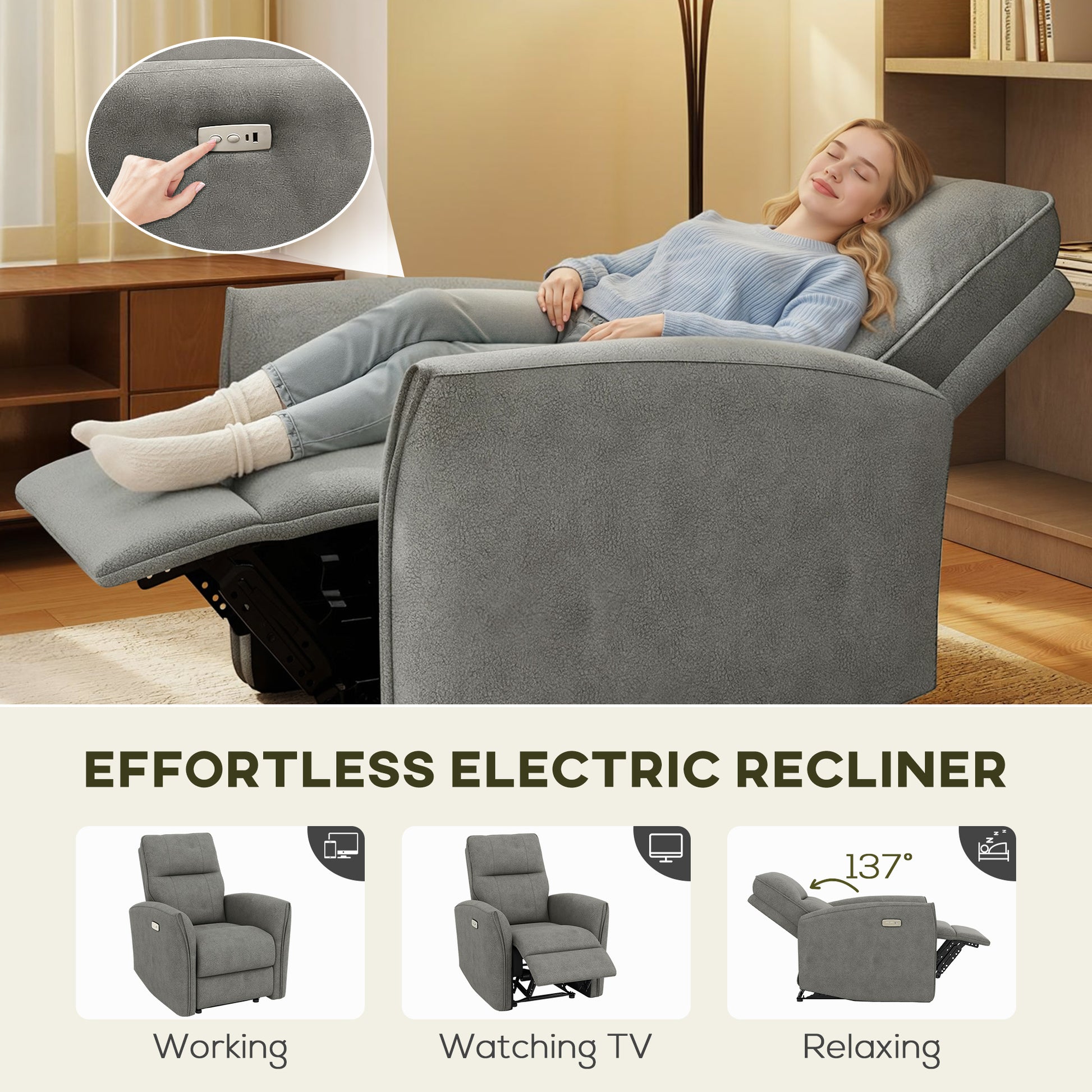 Power Recliner Chair, Fabric Upholstered Recliner Chair with USB Ports, Footrest, Grey