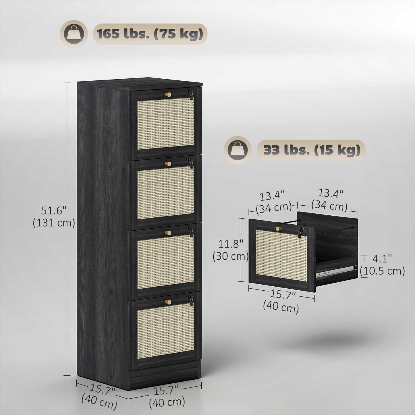 4 Drawer Filing Cabinet with Lock, Boho File Cabinet for A4 Letter Size Files with Decorative Rattan Accents, Black