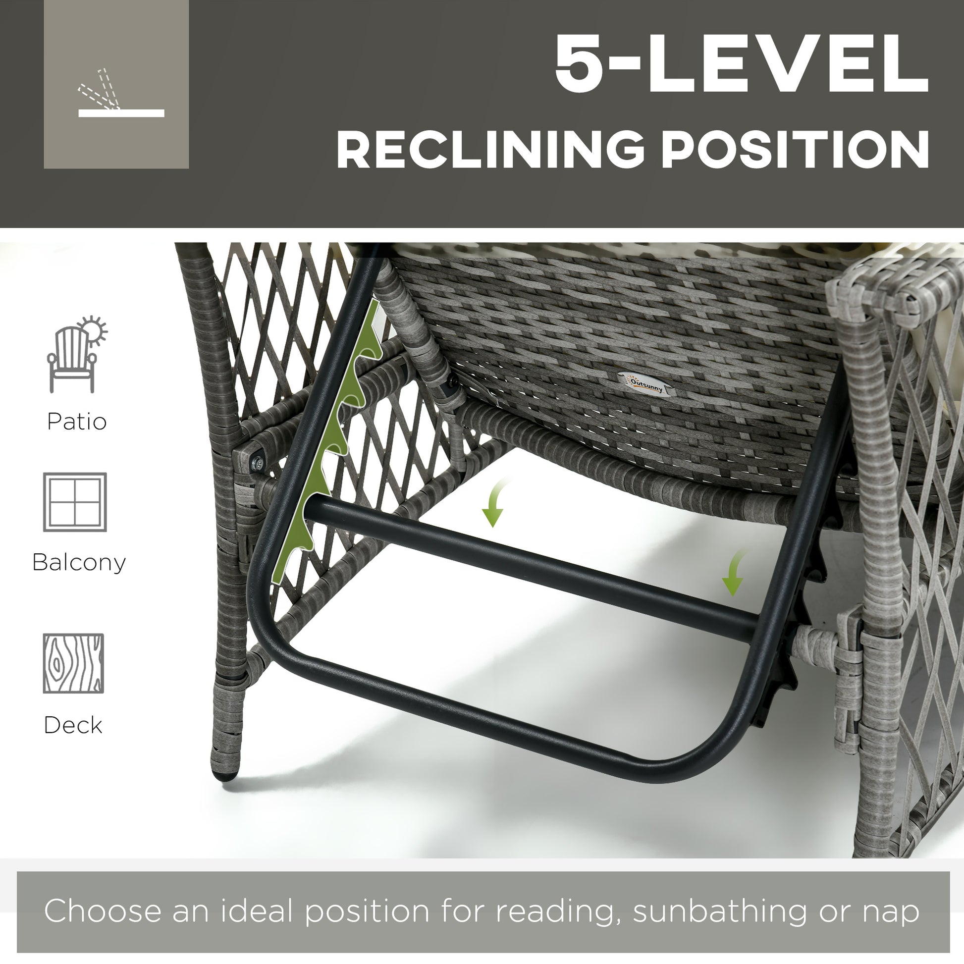 2 Pieces Wicker Patio Lounge Set w/ Cushions, Outdoor PE Rattan Sun Lounger Sets w/ 5-Level Reclining Chaise Chair & Two-tier Glass Top Coffee Table, Green