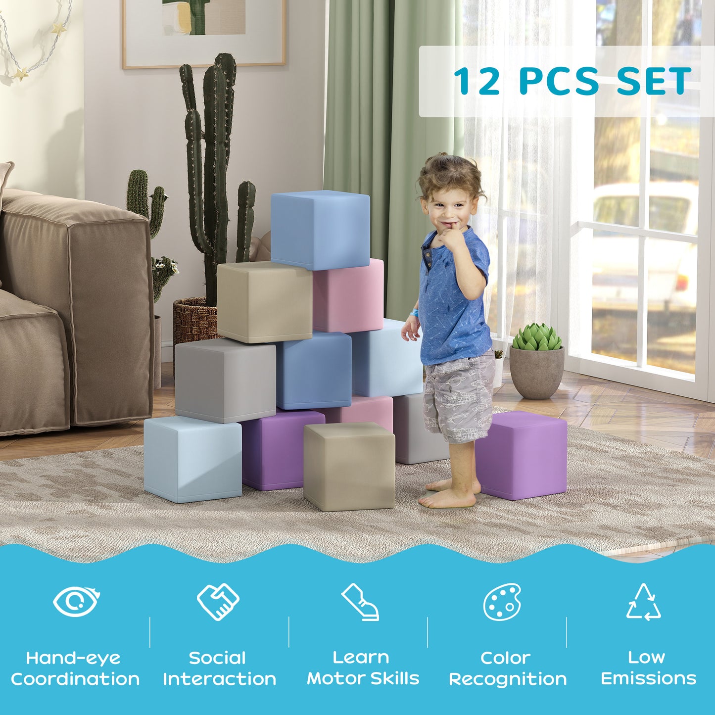 Soozier 12 Piece Soft Play Blocks Soft Foam Toy Building And Stacking Blocks - Multicolours