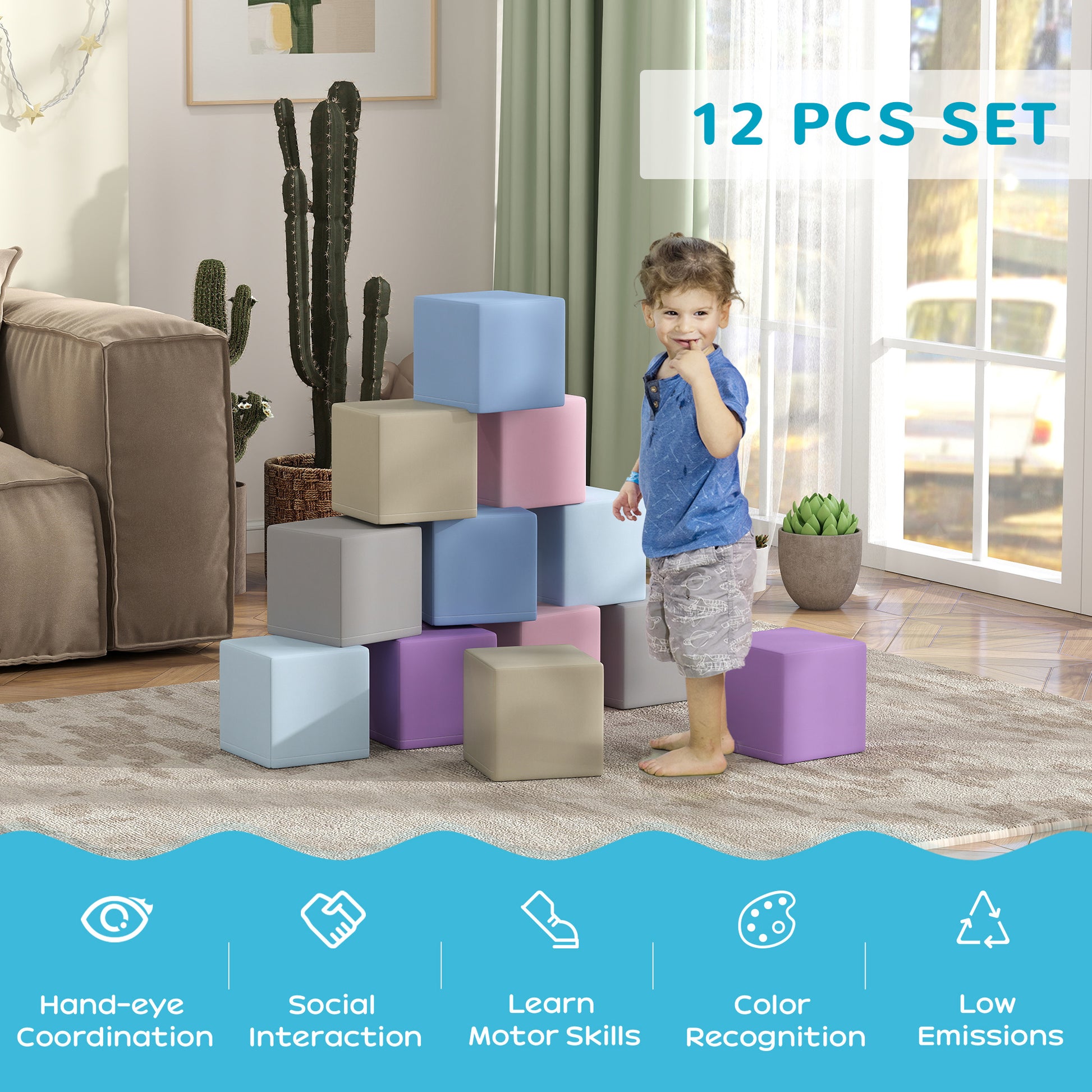 Soozier 12 Piece Soft Play Blocks Soft Foam Toy Building And Stacking Blocks - Multicolours