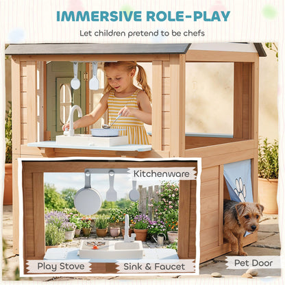 Qaba Kids Outdoor Playhouse, Wooden Cottage Play House with Pet Door, Play Kitchen, Half Door and Windows for Indoor Outdoor