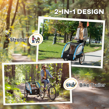 Aosom 2 Seat Bike Trailer for Kids 2-in-1 Double Baby Stroller with Handbrake, Rubber Wheels, 5 Point Harness, Waterproof Cover, Storage Bag, Reflectors, Blue