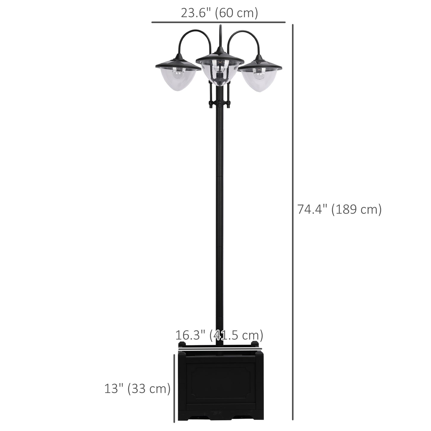 3-head LED Solar Light Lamp Street Light Post with Planter, Solar-powered Lamp Post, Black