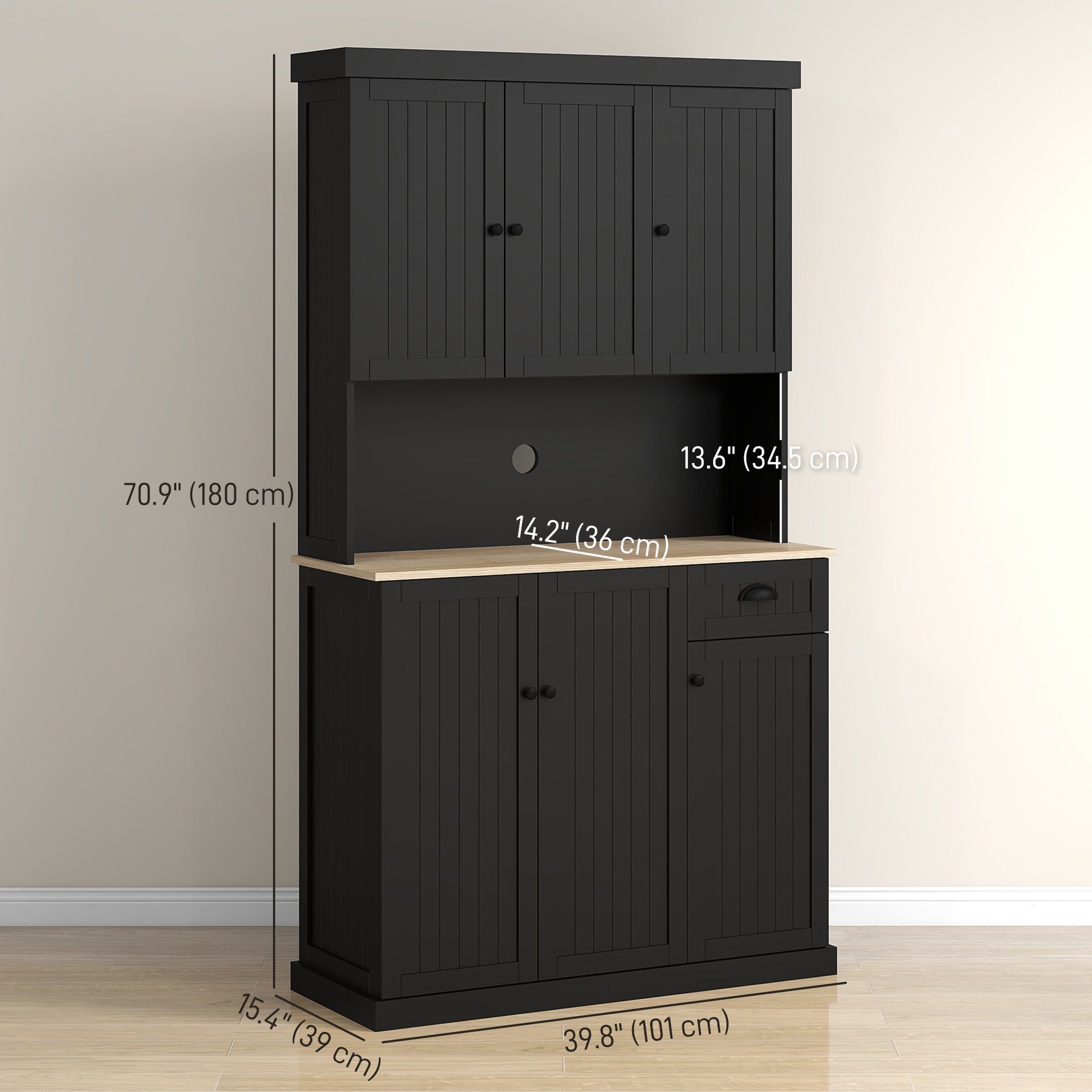 71" Kitchen Pantry Buffet with Hutch Storage Cabinet Microwave Oven Stand with Drawer, Black