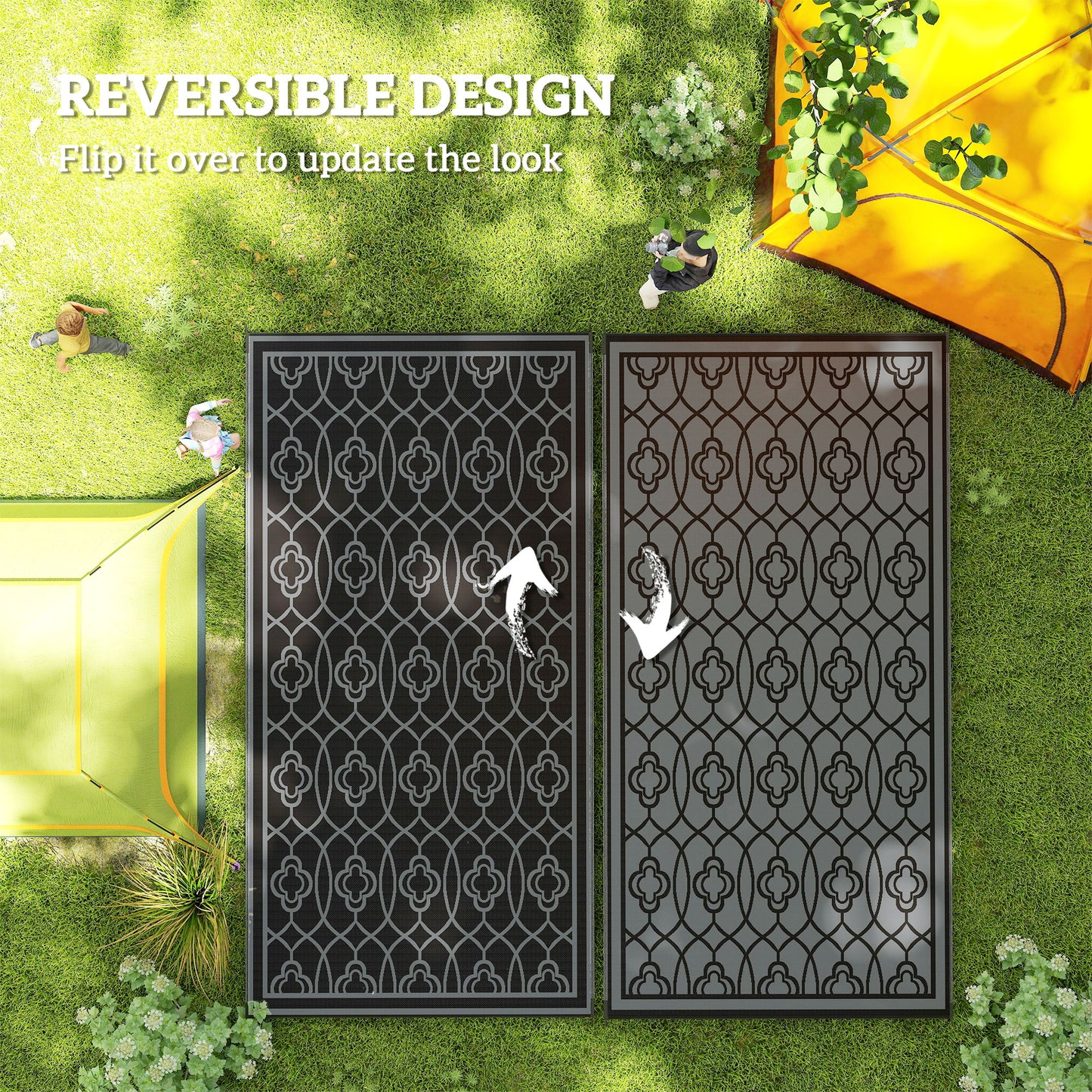 9' x 18' Outdoor RV Rug, Reversible Patio Floor Mat with Carry Bag, Lantern, Black and Grey