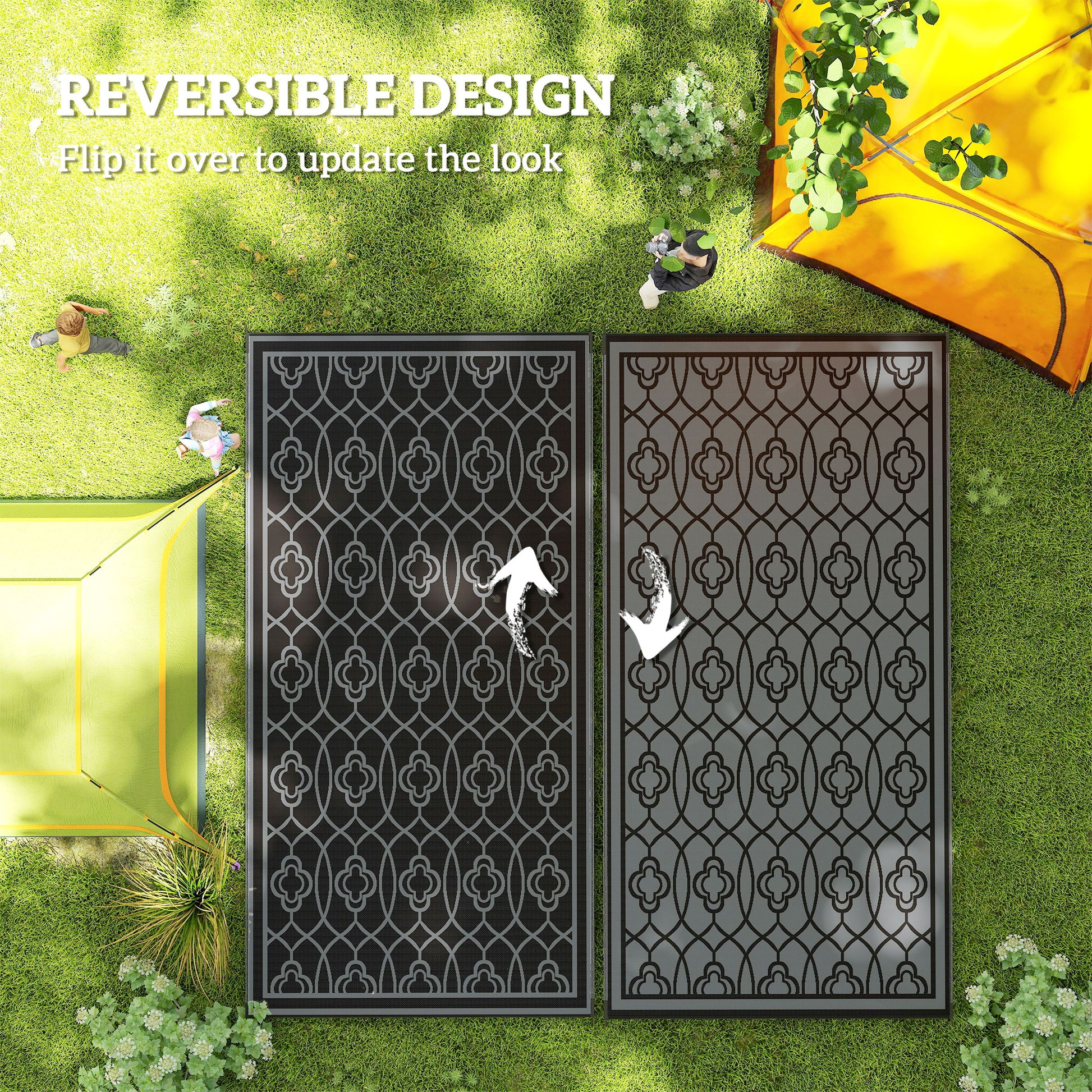 9' x 18' Outdoor RV Rug, Reversible Patio Floor Mat with Carry Bag, Lantern, Black and Grey