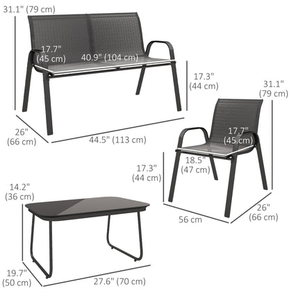 4 Pieces Outdoor Furniture Set with 2 Stackable Chairs, Loveseat, Patio Conversation Set with Glass Coffee Table, Black