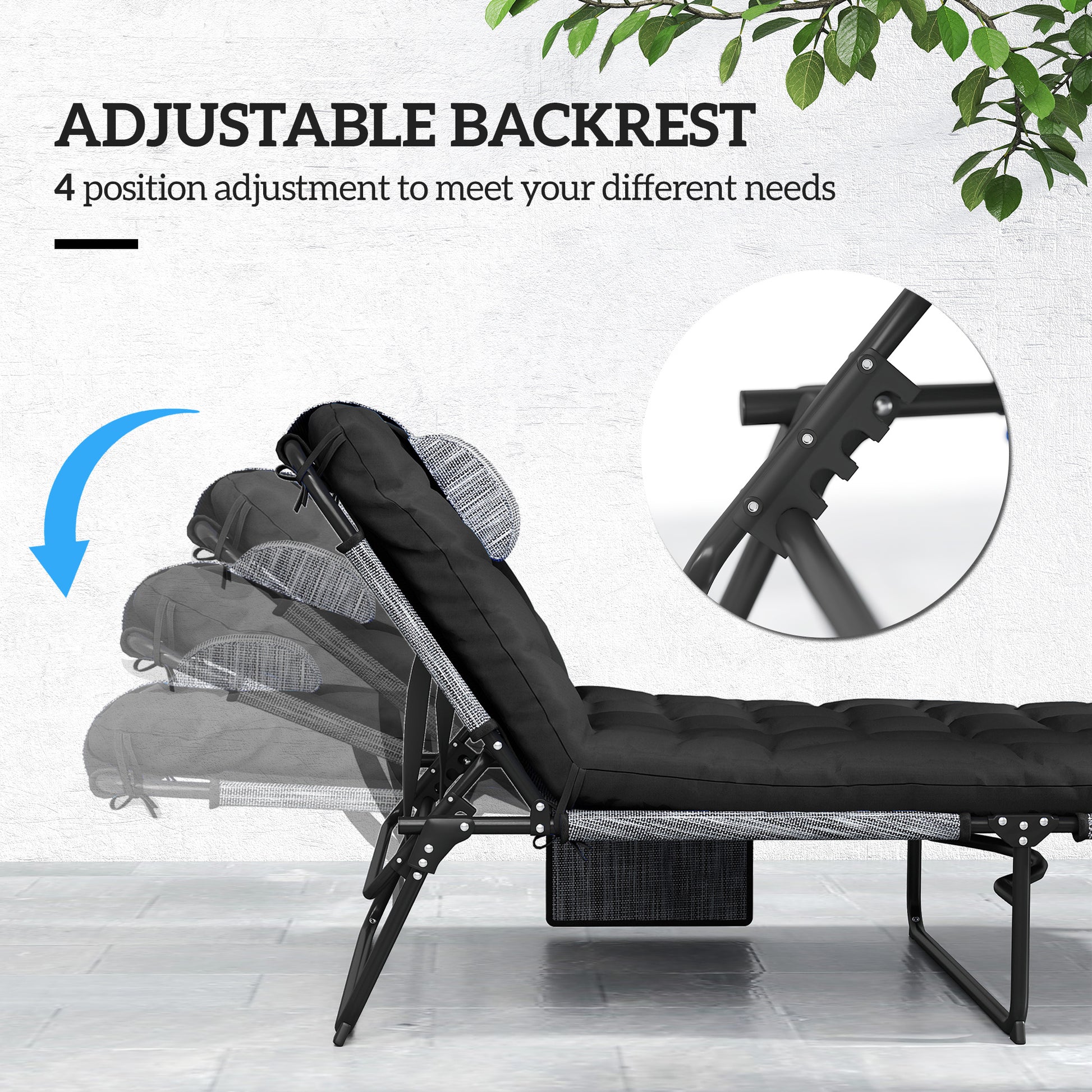 2-Piece Folding Lounge Chairs with Adjustable Backrest, Tanning Chair with Cushion, Side Pocket, Headrest, Black