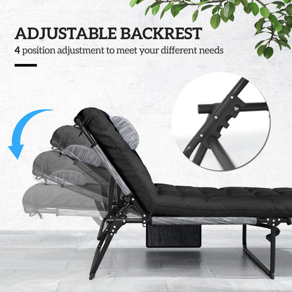 2-Piece Folding Lounge Chairs with Adjustable Backrest, Tanning Chair with Cushion, Side Pocket, Headrest, Black