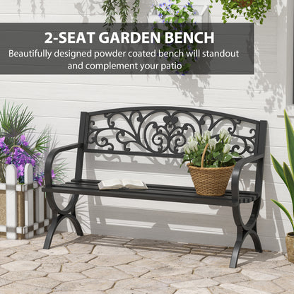 50" 2-Seater Garden Bench, Patio Porch Decorative Chair Cast Iron Loveseat Outdoor Furniture for Yard, Lawn, Porch, Black