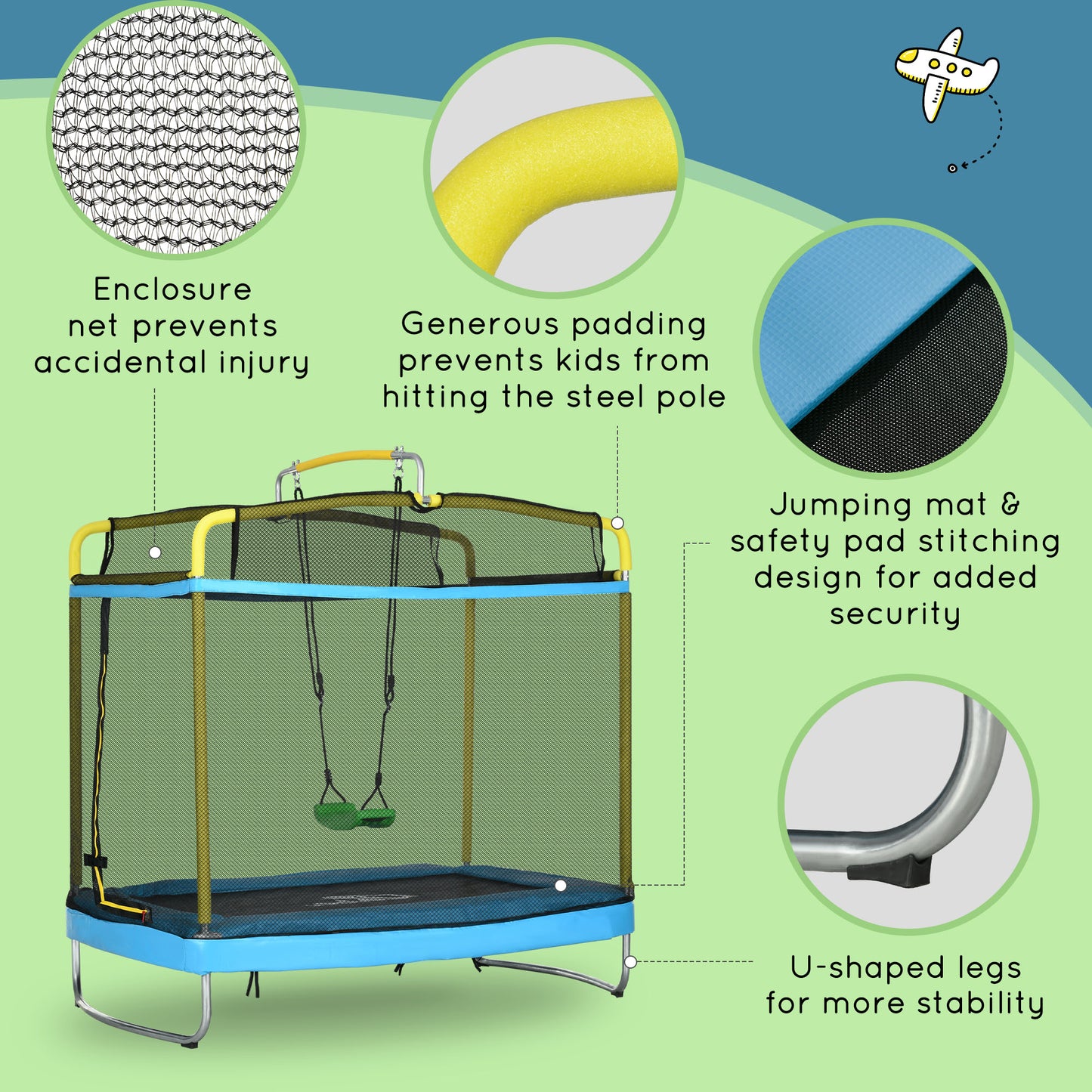 Qaba 6.9FT Kids Trampoline with Safety Net, Gymnastics Bar, Swing, Toddler Trampoline for 3-6 Years Old Indoor/Outdoor
