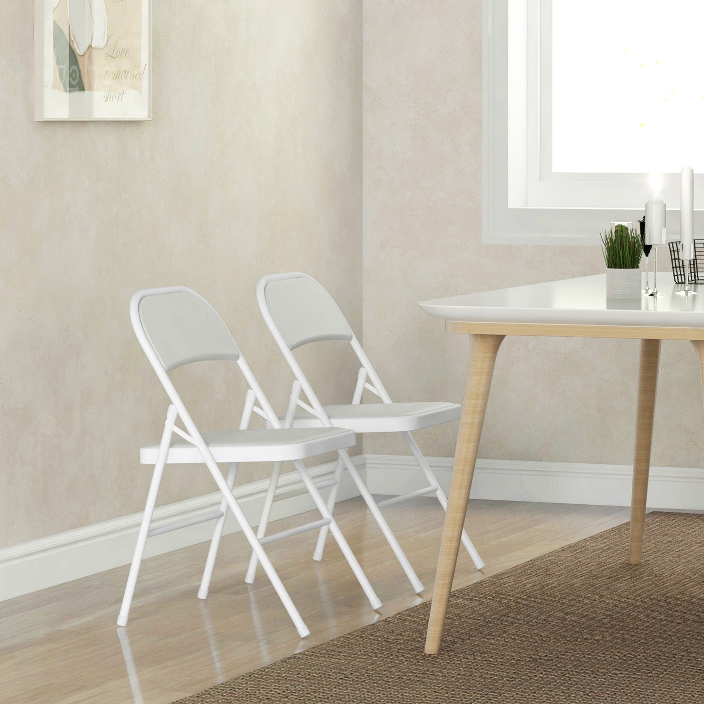 Set of 2 Metal Foldable Chairs, PU Leather Padded Folding Chairs with Cushion Seat and Open Back for Indoor, White