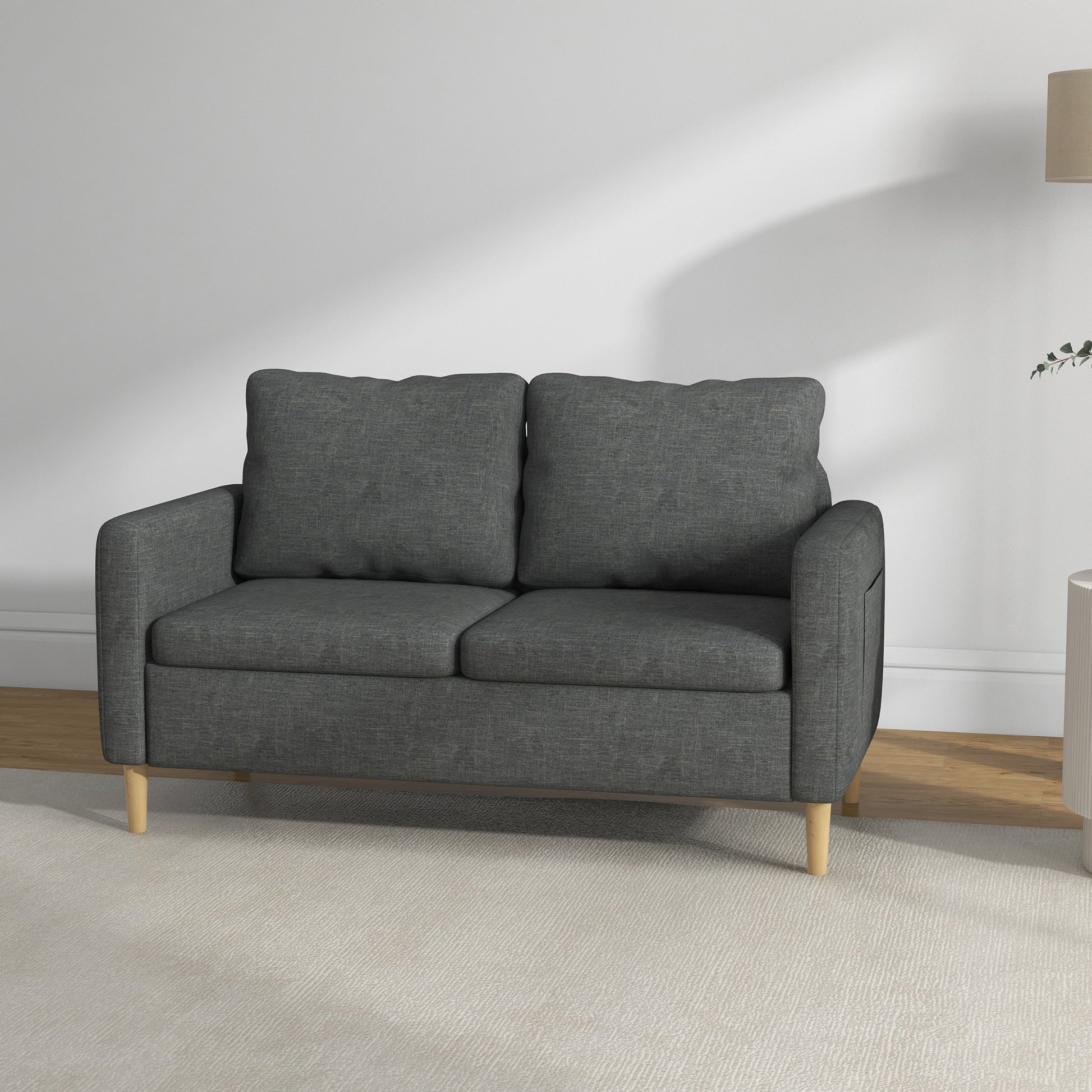 56" 2 Seat Sofa, Modern Love Seats Furniture, Upholstered 2 Seater Couch with Side Pockets, Solid Wood Frame, Grey