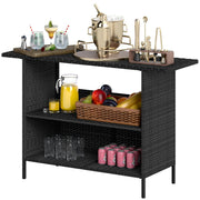 Wicker Outdoor Bar Table, PE Rattan Bar Height Patio Table with 2 Shelves, Steel Frame for Garden, Backyard, Black