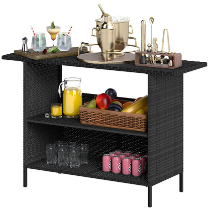 Wicker Outdoor Bar Table, PE Rattan Bar Height Patio Table with 2 Shelves, Steel Frame for Garden, Backyard, Black