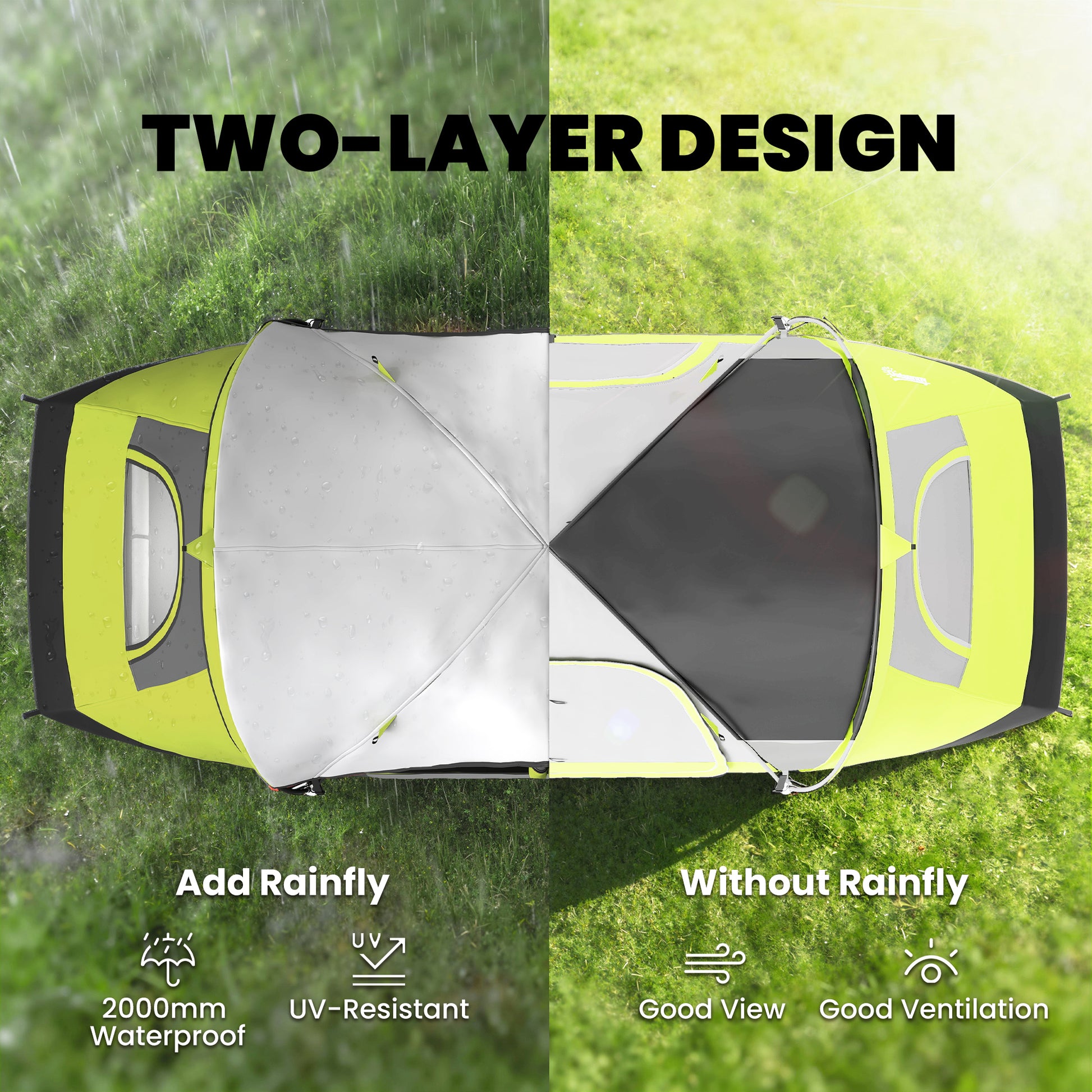 Camping Tent for 6-8 Man with 2000mm Waterproof Rainfly and Carry Bag for Fishing Hiking Festival, Green