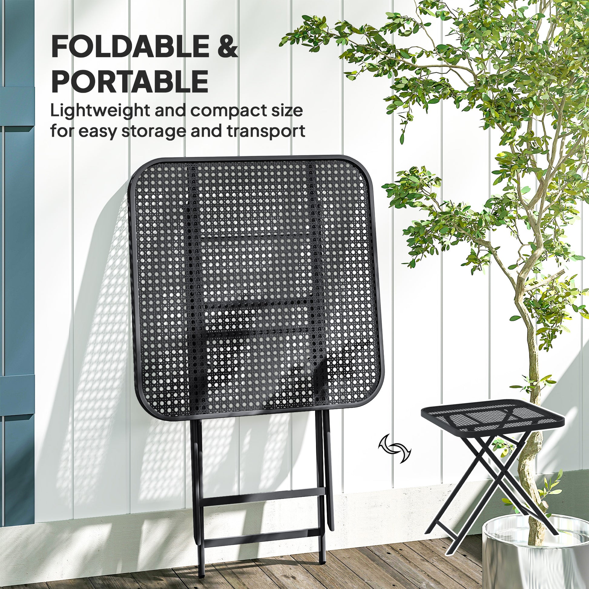27.5" Square Outdoor Patio Table, Outdoor Folding Table with Grid Rattan-Like Top for Camping, Picnic, Black