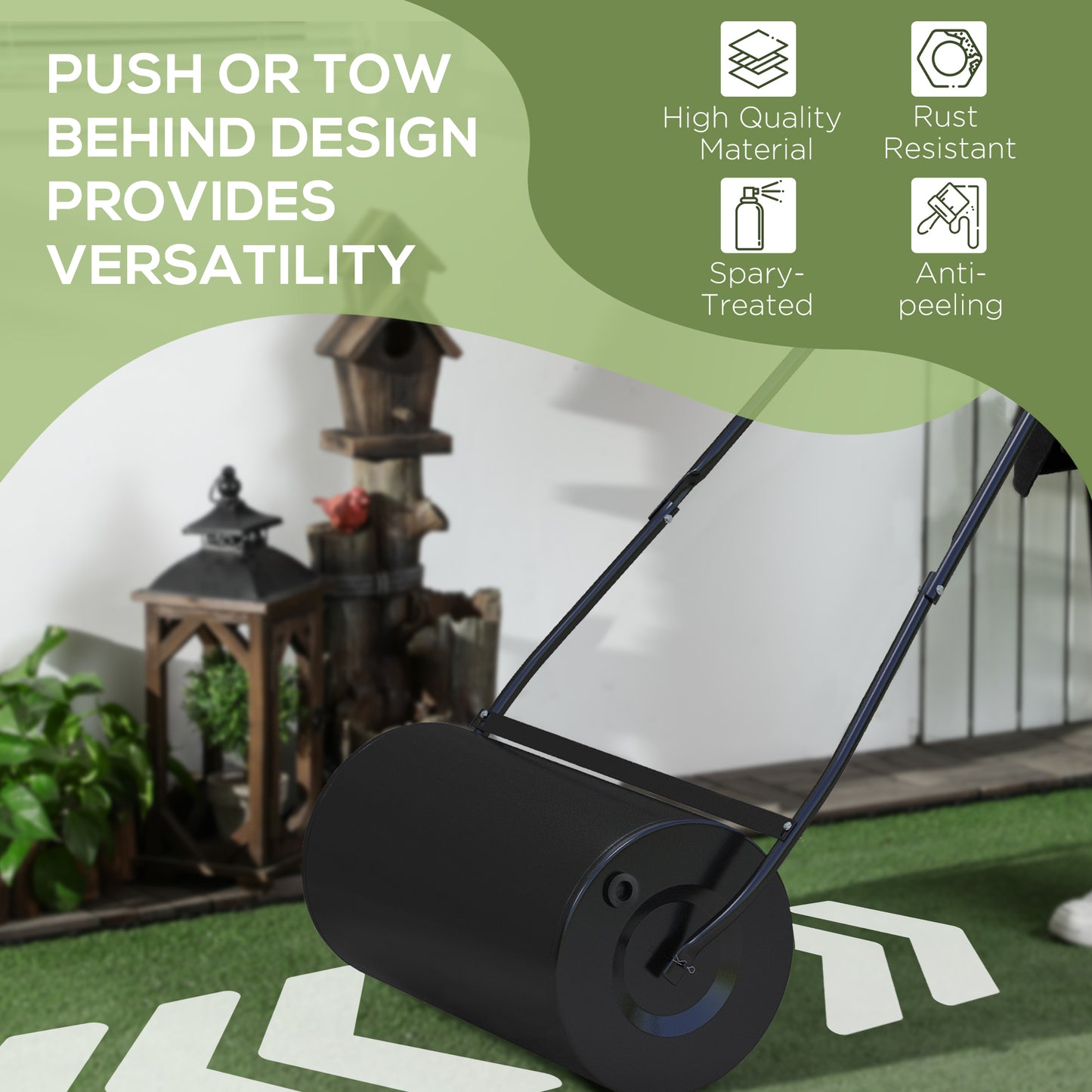 22" Push/Tow Behind Lawn Roller, Heavy Duty Sod Drum Roller Filled with 12 Gal Water/Sand, Grass Flattener for Yard, Patio, Park, Black