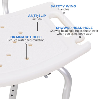 Bath Chair with Back, Adjustable Height Non-slip Shower Stool Bench Tool-Free Assembly Bathroom Aids, White