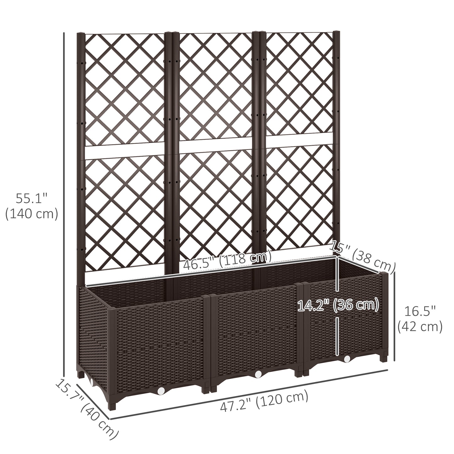 Raised Garden Bed with Trellis, Plastic Raised Flower Bed with Drainage Holes and Drain Plugs