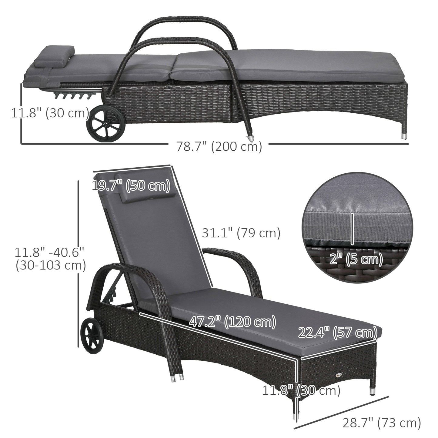 Outdoor Lounger, Deck Lounge Chair with Headrest, 5-Level Adjustable, Backrest, Wheels, Deep Coffee and Med Grey