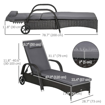 Outdoor Lounger, Deck Lounge Chair with Headrest, 5-Level Adjustable, Backrest, Wheels, Deep Coffee and Med Grey
