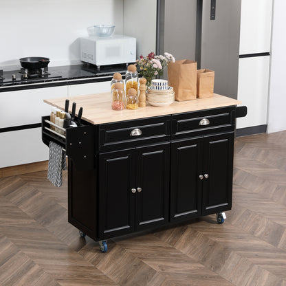 Kitchen Island with Storage, Rolling Kitchen Island with Drop Leaf, Rubber Wood Top and Adjustable Shelves, Black