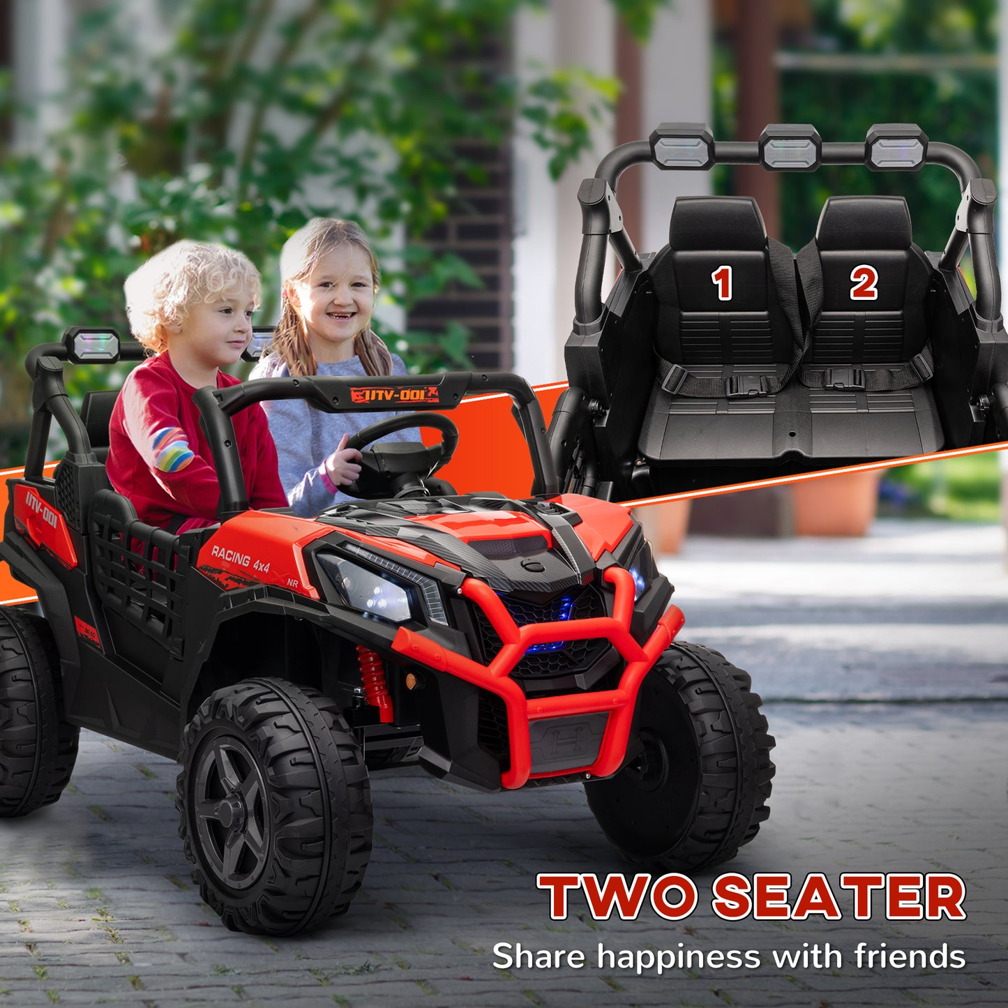 Qaba 2 Seater 24V Electric Car for Kids with Remote Control, 3 Speed, LED Lights, Music, Horn, Spring Suspension, Red