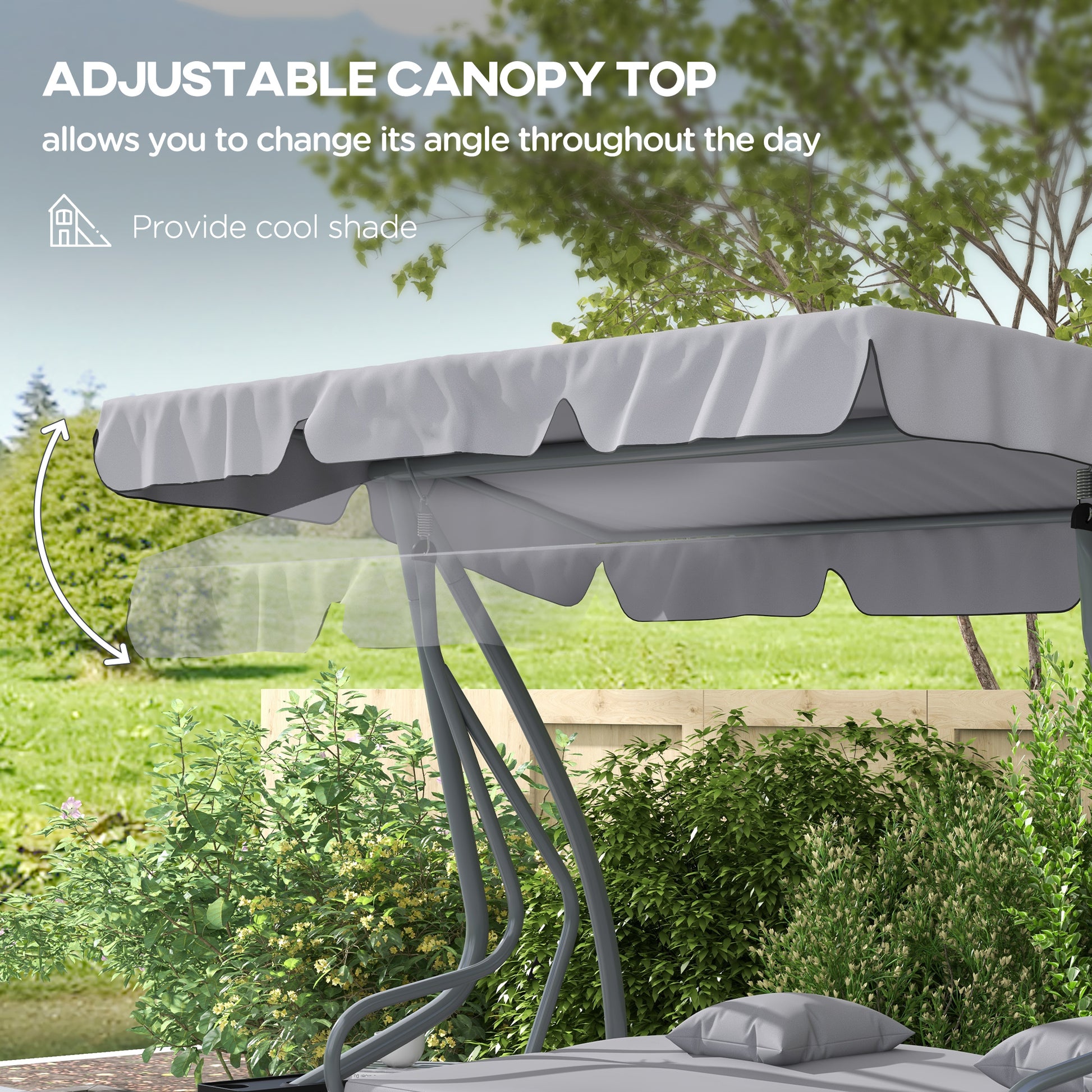 Outdoor 3-Seater Patio Swing Chair, Outdoor Swing Seat, with Adjustable Canopy and Two Pillows for Garden, Light Grey