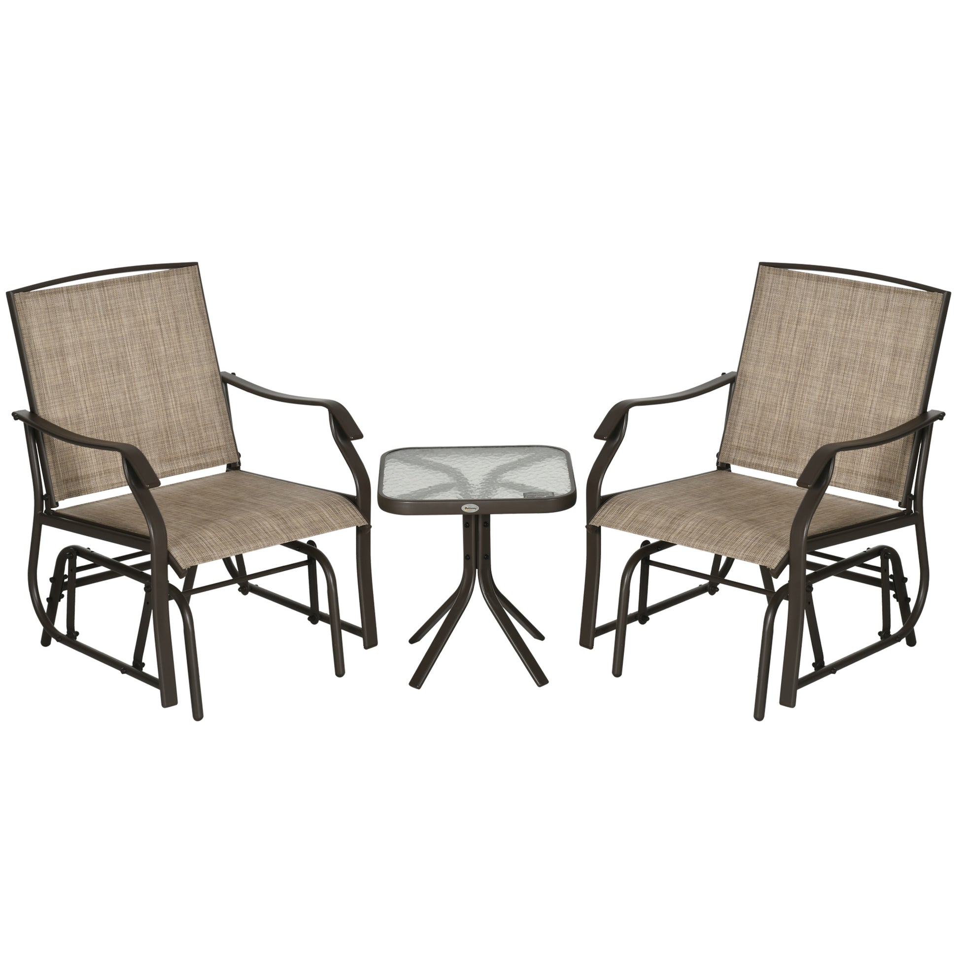 3 Piece Patio Glider Set Outdoor Gliders with Breathable Mesh Seat, Glass Top Table for Garden, Yard, Mixed Brown