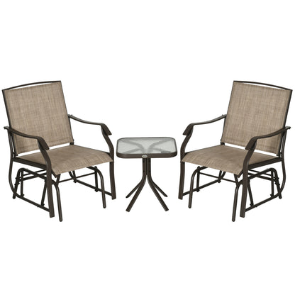 3 Piece Patio Glider Set Outdoor Gliders with Breathable Mesh Seat, Glass Top Table for Garden, Yard, Mixed Brown