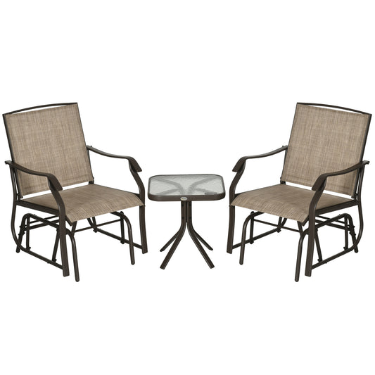 3 Piece Patio Glider Set Outdoor Gliders with Breathable Mesh Seat, Glass Top Table for Garden, Yard, Mixed Brown
