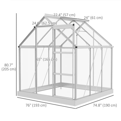 6' x 6' Walk-In Greenhouse, Polycarbonate Greenhouse with Sliding Door, Window, Aluminium Frame, Foundation, Silver