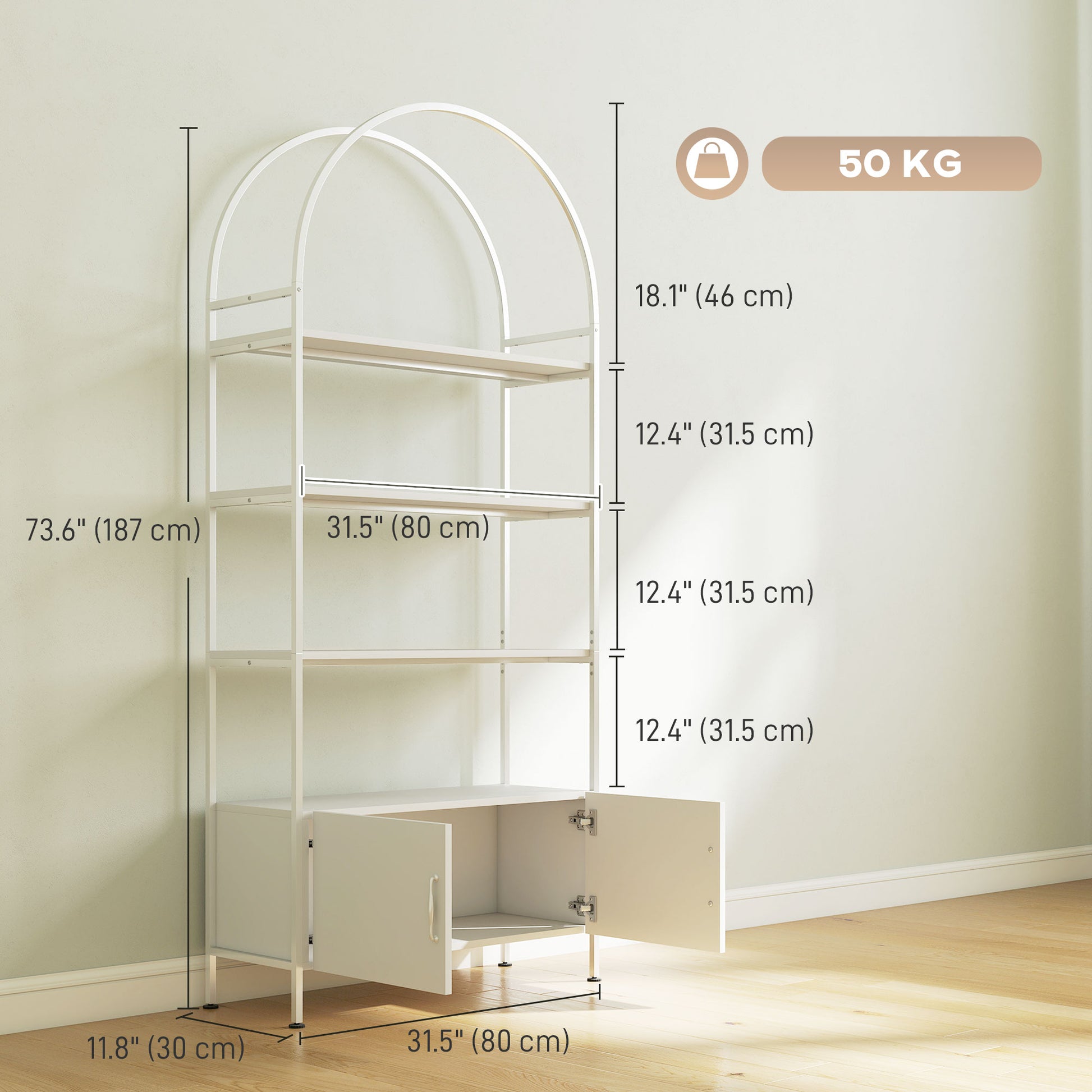 4-Tier Arched Shelving Unit with Cabinet, Bookshelf for Living Room, Office, 31.5" x 11.8" x 73.6", White