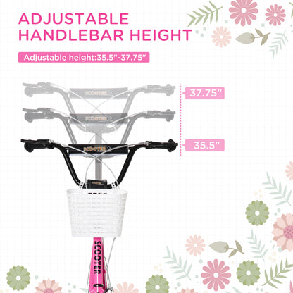 Aosom Kick Scooter with Adjustable Handlebar, Kids Scooter with 2 Brakes Basket Cupholder 16" Inflatable Rubber Tyres Pink