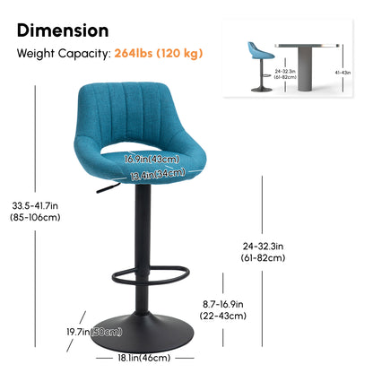 Bar Stools Set of 2, Swivel Counter Height Barstools with Adjustable Height, Linen Upholstered Bar Chairs with Round Metal Base and Footrest, Blue