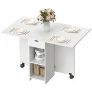 Folding Dining Table with Storage, Drop Leaf Kitchen Table with Drawer and Shelves for Small Spaces, White
