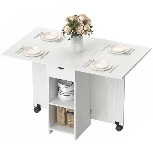 Folding Dining Table with Storage, Drop Leaf Kitchen Table with Drawer and Shelves for Small Spaces, White