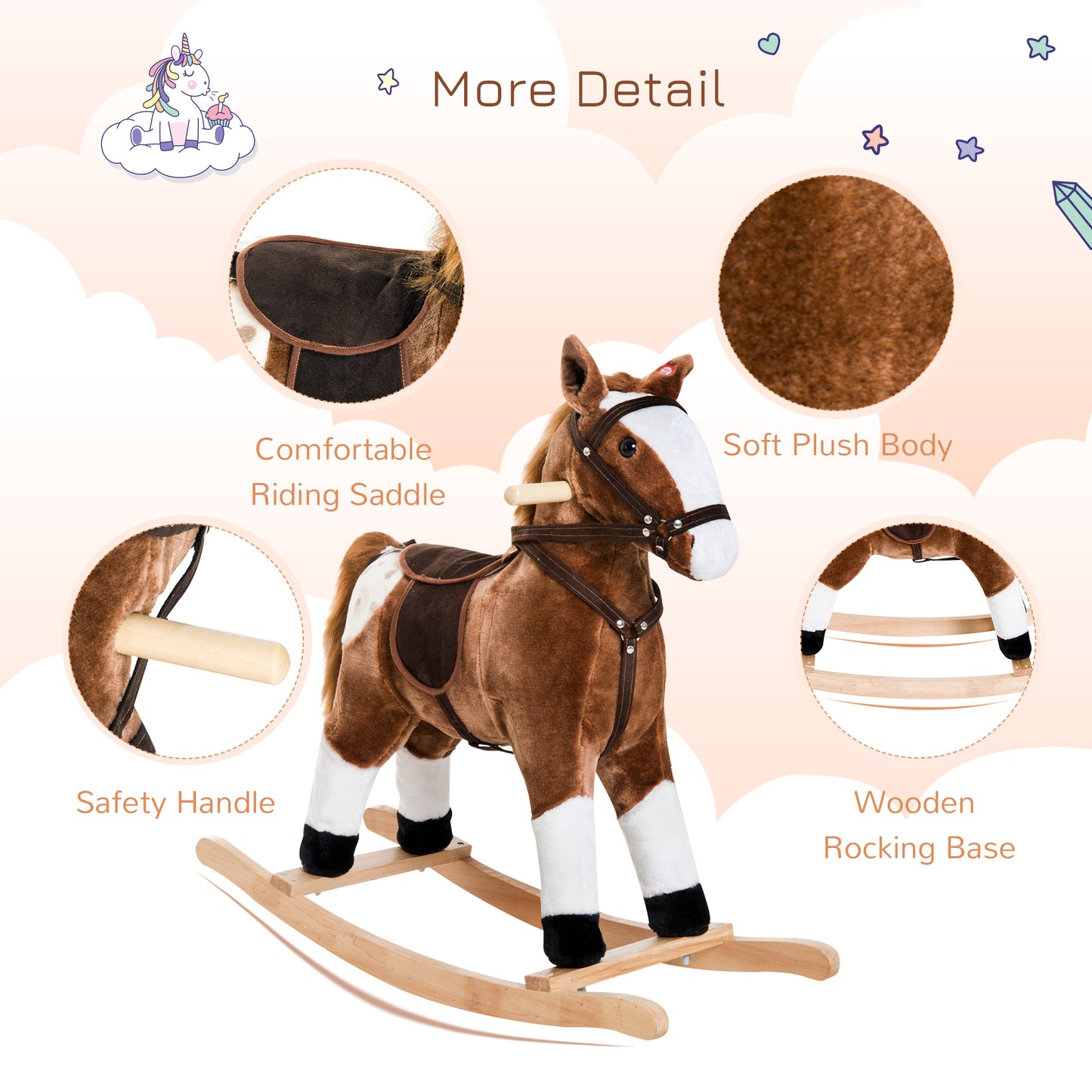 Qaba Baby Rocking Horse, Children Plush Animal Rocker, Kid Ride on Toy with Realistic Sound, Handle Grip, Brown